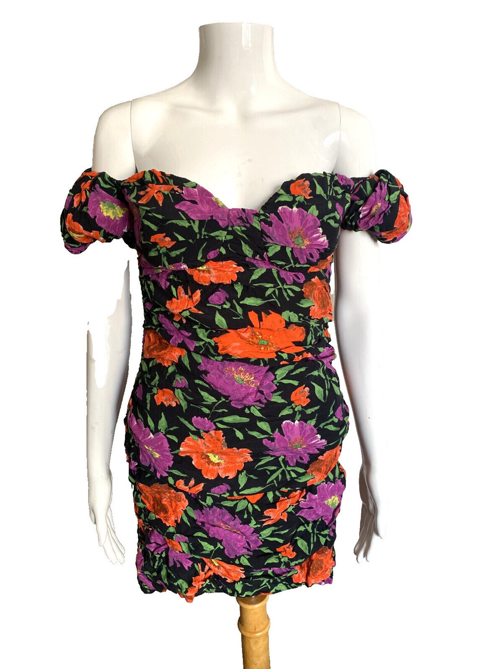 Zara Floral Mini Dress Womens M Medium Black Ruched Puff Sleeve Blogger Favorite